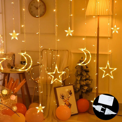 Led Fairy aizkaru gaismas Mēness zvaigznes gaismas virknes ar tālvadības pulti iekštelpu dekoratīvā Ziemassvētku mirgošanas lampa guļamistabai