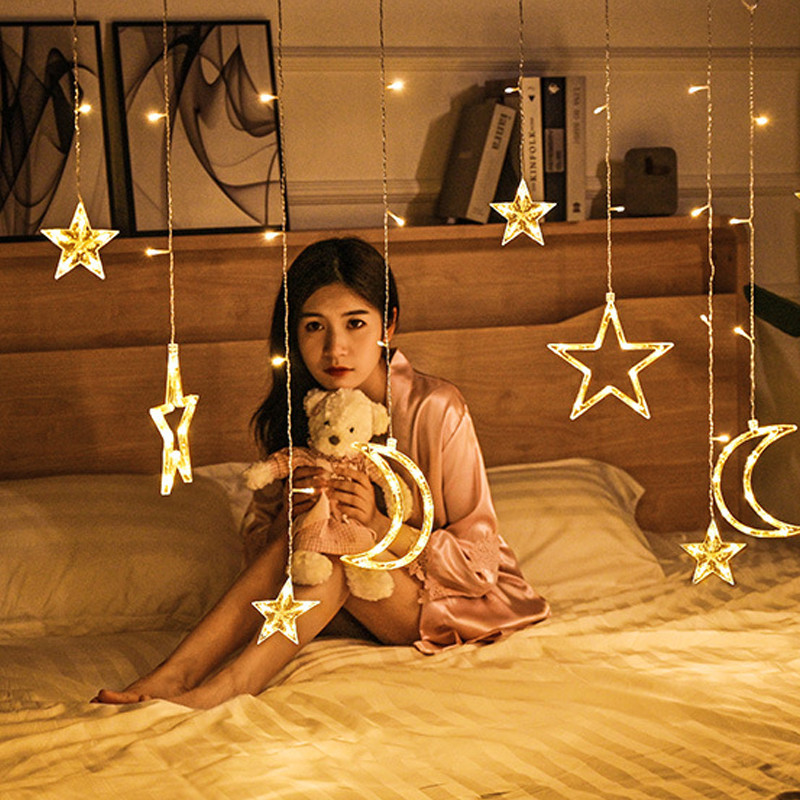 Led Fairy aizkaru gaismas Mēness zvaigznes gaismas virknes ar tālvadības pulti iekštelpu dekoratīvā Ziemassvētku mirgošanas lampa guļamistabai
