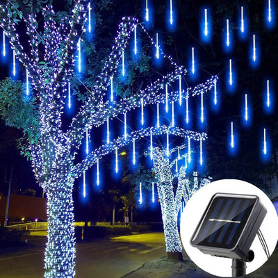 Solar LED Meteor Shower Light Rain Light Αδιάβροχα Φωτάκια Εξωτερικού Γιρλάντα Street Garland Χριστουγεννιάτικη διακόσμηση γάμου 8 σωλήνες 30cm