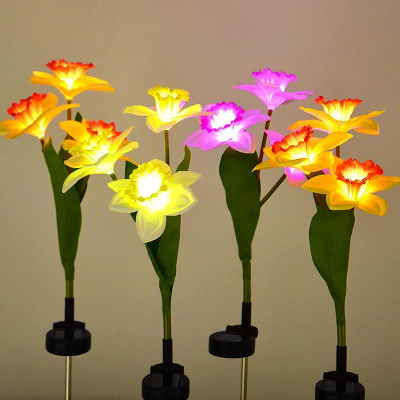 2gab olāras ziedu lampas IP65 ūdensnecaurlaidīgas 3 galviņas narcišu ziedu lampa LED ziedi āra saules lampa celiņam iekšpagalma dārzam