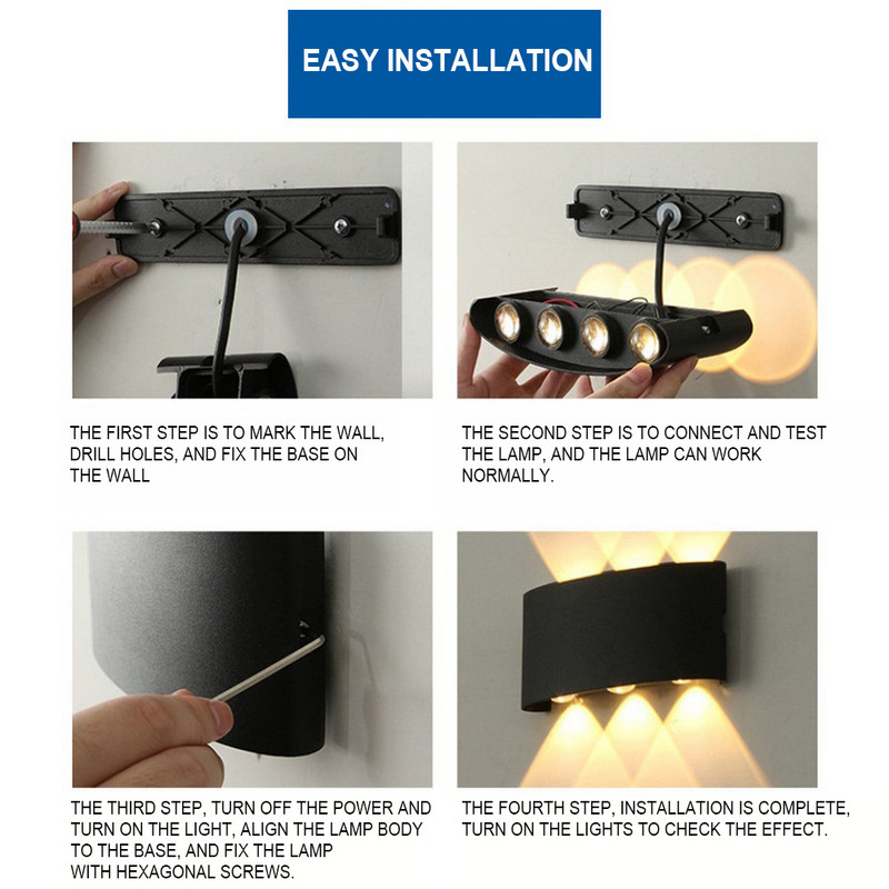 4/6/8W LED sieninė lempa lauko vandeniui atspari IP65 sodo apšvietimas AC86-265V vidaus apdaila Miegamojo svetainė Laiptų sieninis šviestuvas