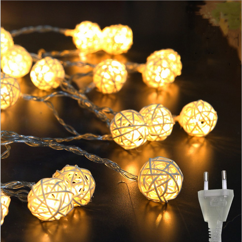 6M 40LED Pamut Fényfüzér 220V Karácsonyi Tündér Dekoratív Rattan golyós lámpa Warm White Party esküvői kerti füzér