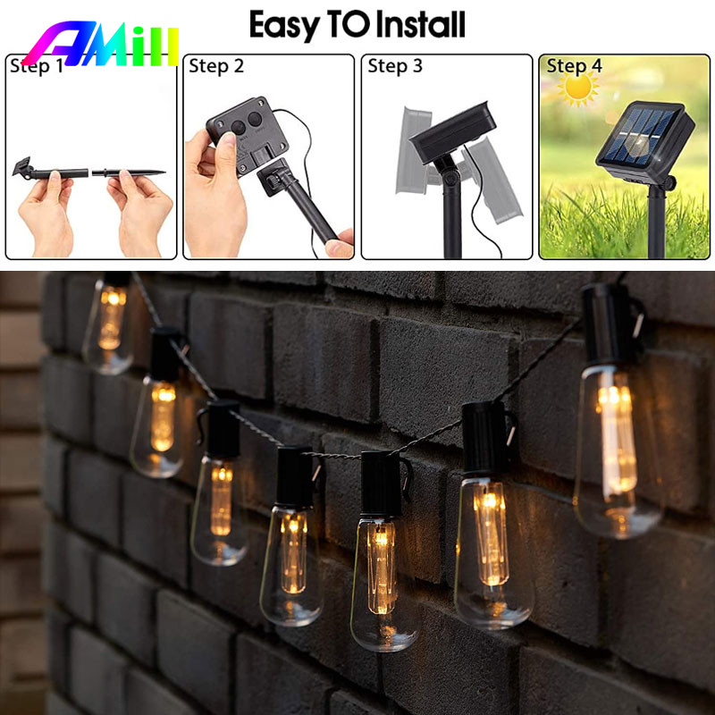 Nagy fényerejű napelemes zsinór lámpák IP65 vízálló ramadán otthon 30 izzó Retro kemping kültéri füzér kerti parti tündérlámpa