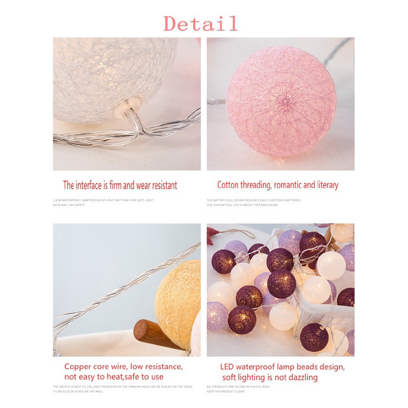 20 LED kokvilnas bumbiņu vītnes stīgu gaismas Ziemassvētku USB/baterijām darbināmas pasaku apgaismojums svētku kāzu Ziemassvētku ballītes mājas dekors