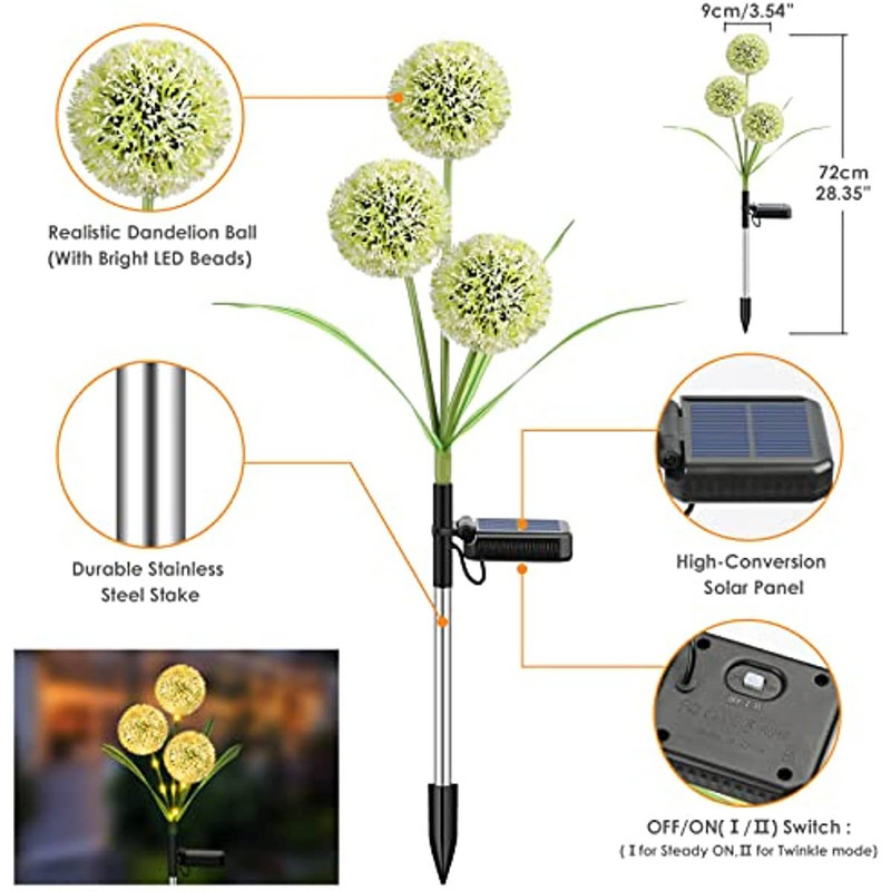 Āra saules dārza gaismas ar 2 režīmiem saules pieneņu ziediem IP65 ūdensnecaurlaidīgs dekorācijas apgaismojums dārza zāliena pagalma kāzām