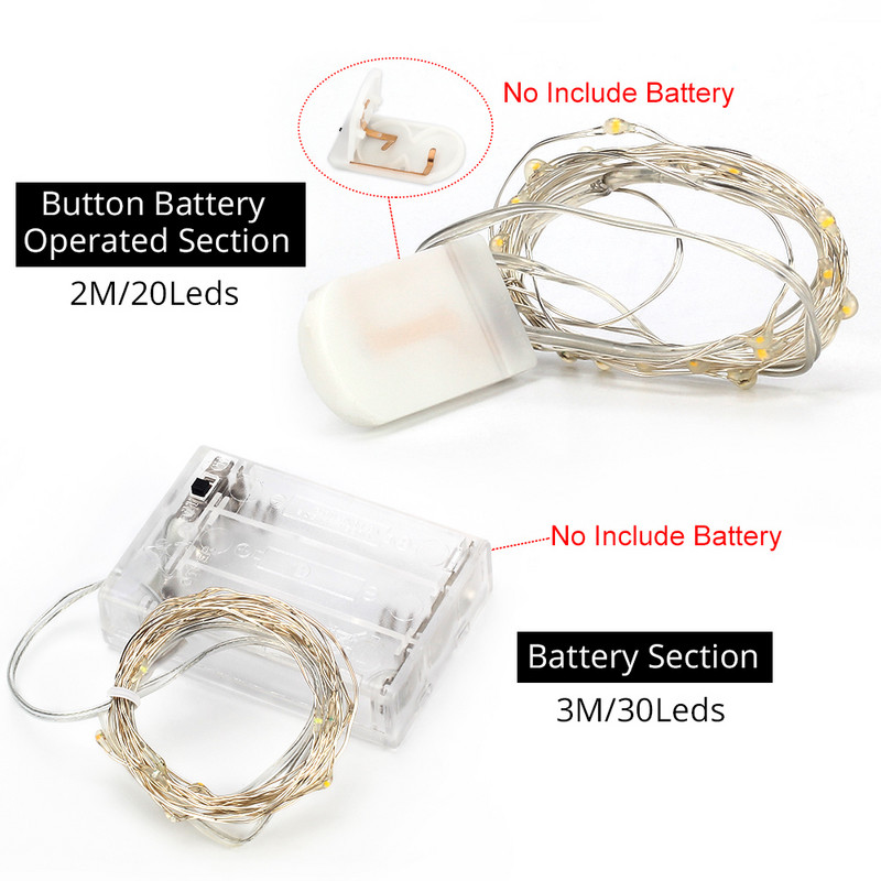 2M 3M 5M 10M Led gaismas ķēde vara vads USB vai ar baterijām darbināma LED stīgu gaisma Fairy Light Ziemassvētku gaismām Kāzu ballīte