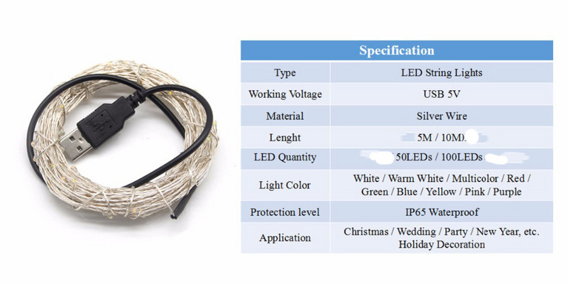 LED gaismas 5M 50LEDs 10M 100LEDs 5V USB LED stīgu gaisma Fairy Christmas Sudraba stieples kāzu vītnes gaismas