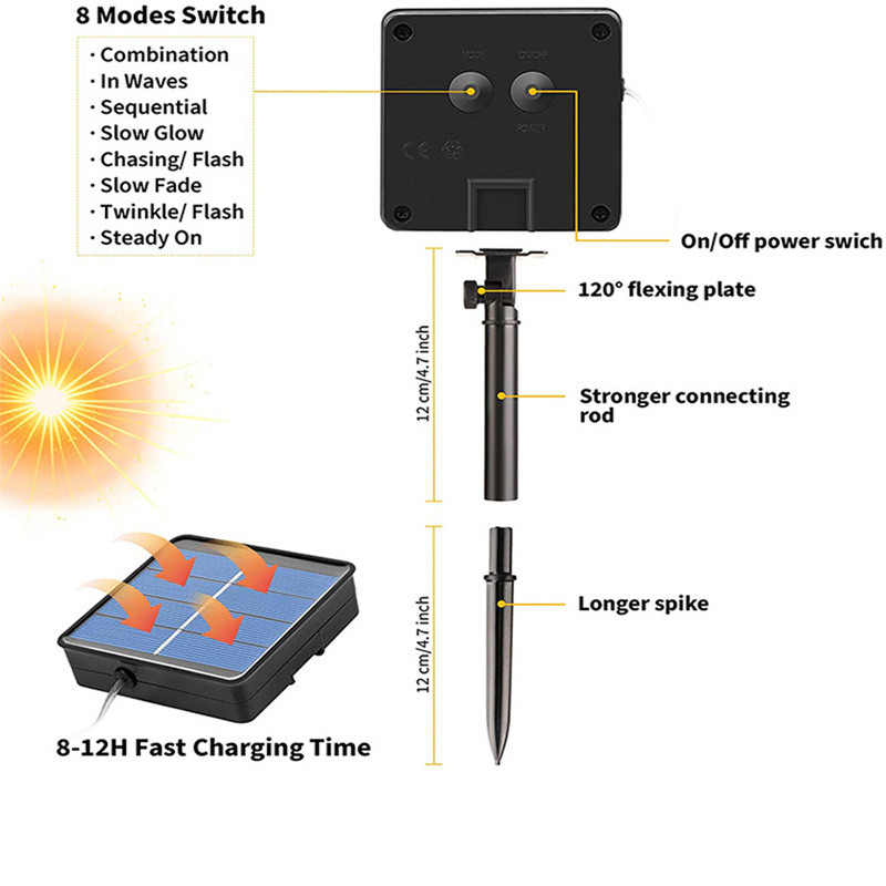 LED päikesevalgusti 8 funktsiooniga välivalgusti vasktraadist dekoratiivlamp pühade jõulupeoks veekindlad haldjavalgustid