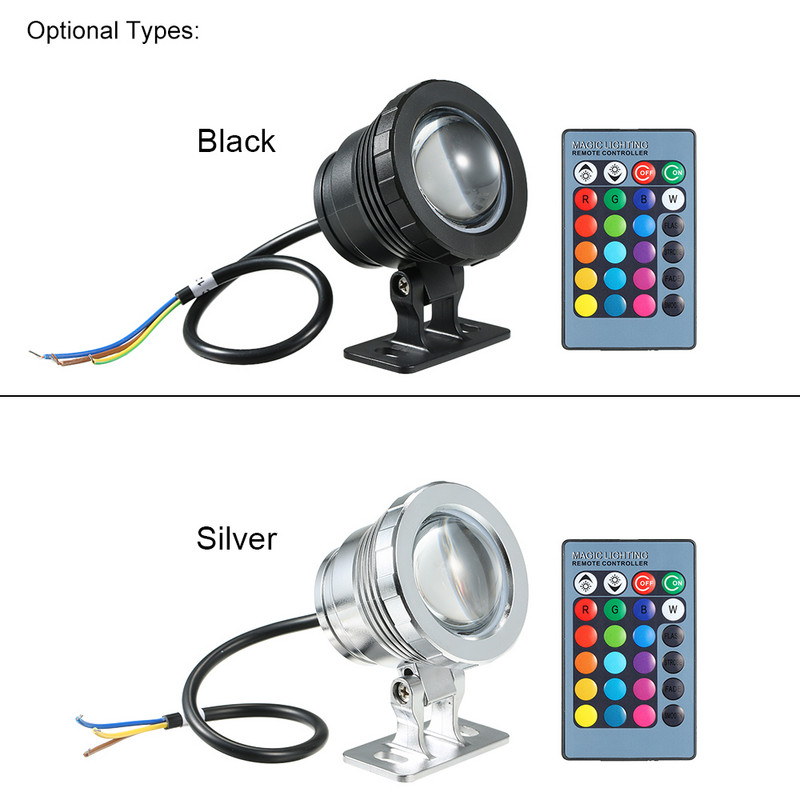 Maiņstrāvas/līdzstrāvas 12V 10W RGB LED zemūdens gaismas iegremdējamās lampas tālvadības pults 16 krāsas, kas mainās 4 apgaismojuma efekti IP65 ūdensizturīgs