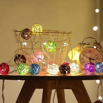 2,5M 20 Led Rattan Ball Χριστουγεννιάτικα Φωτάκια Κορδόνι Ζεστή Λευκή Γιρλάντα 3,2cm Μπάλα διαμέτρου για εορταστική διακόσμηση Νεράιδες λάμπες