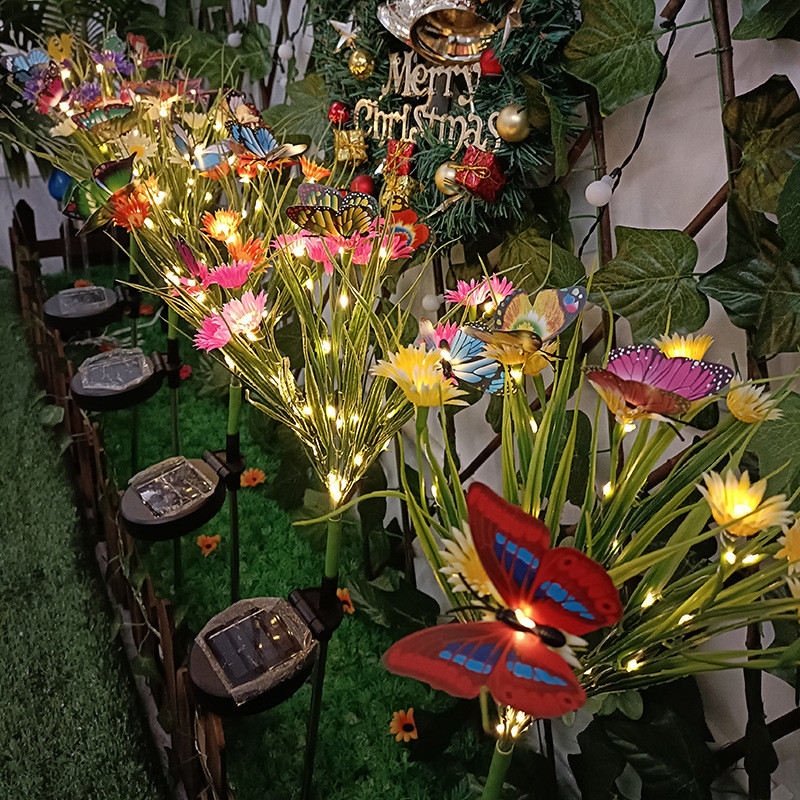 Saulės sodo vejos lempos žibintai laukinių gėlių chrizantemų drugelių lemputė, atspari vandeniui kiemo šventei