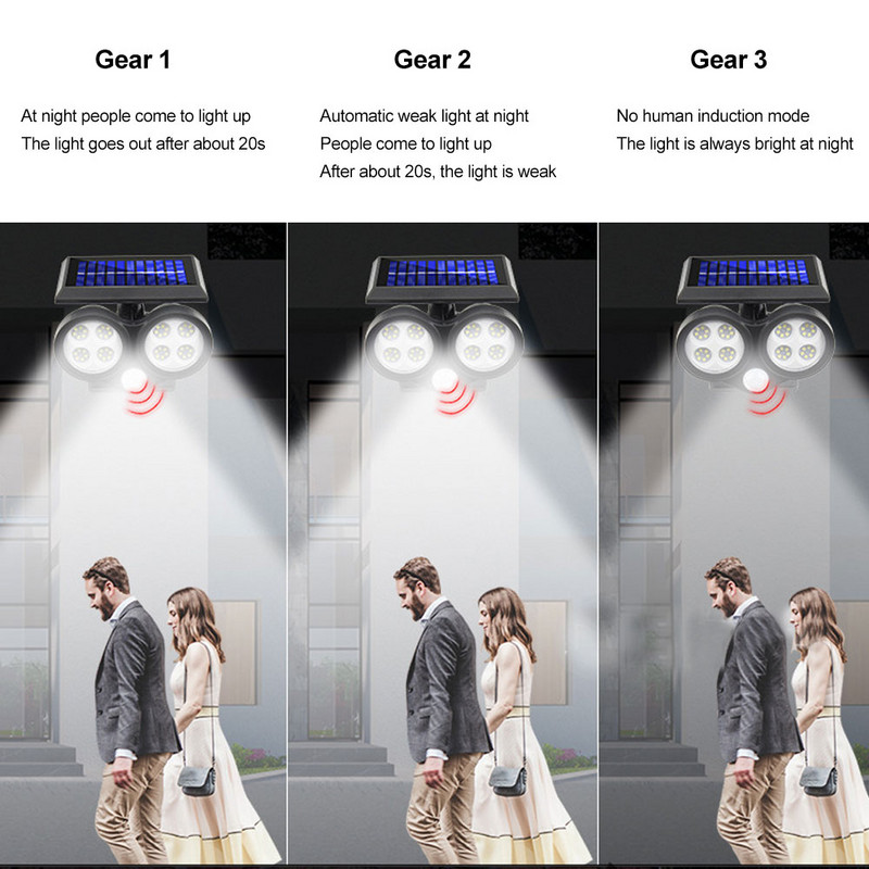 3 režīmi 48LED/54COB/64COB saules sienas gaisma āra dārza PIR kustības sensors ielas apgaismojums ūdensizturīgs saules gaisma ar zemējuma spraudni