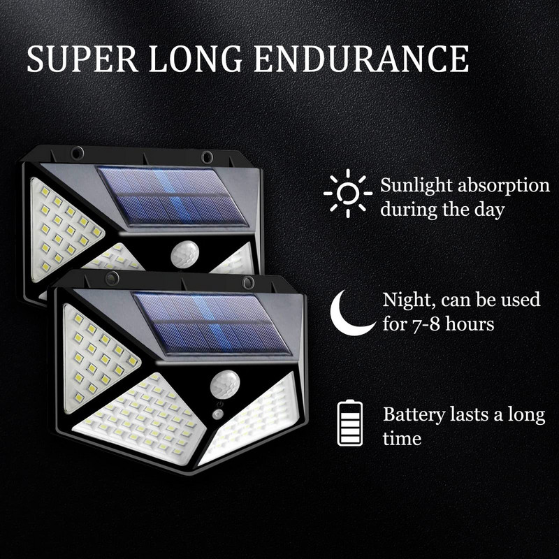 Ūdensnecaurlaidīgs āra 100 LED saules sensora kustības gaisma āra bezvadu bezvadu saules gaismai ar saules enerģiju ielu apgaismojuma dārza sienas apgaismojums