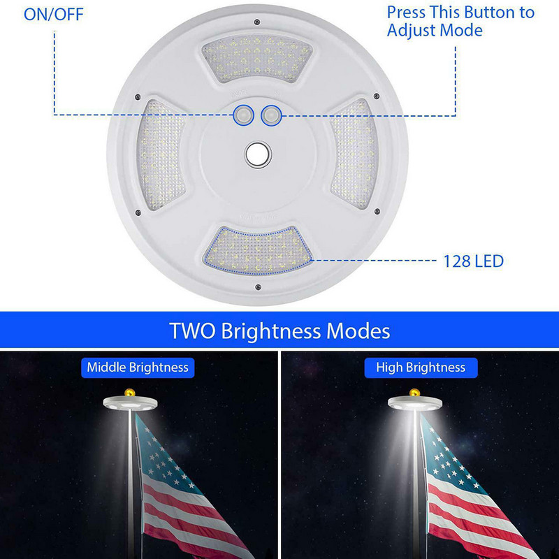 128 LED saulės energijos ypač ryškus vėliavos stulpo apšvietimas lauko stovyklavimo palapinės naktinė lempa, kuri automatiškai įsijungs naktį
