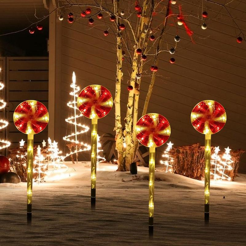 4 DB karácsonyi cukorkás bot LED-es lámpák nyalóka ösvény lámpa kültéri dekoráció karókkal ünnepi partihoz, füves udvarhoz