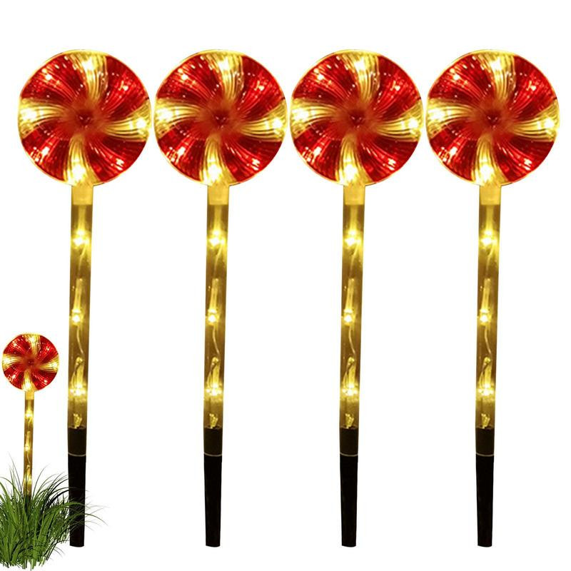 4 DB karácsonyi cukorkás bot LED-es lámpák nyalóka ösvény lámpa kültéri dekoráció karókkal ünnepi partihoz, füves udvarhoz