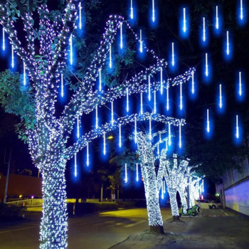 10 тръбни метеоритни дъжда LED струнни светлини Уличен гирлянд Коледна елха Декорация Външни новогодишни приказни градински светлини