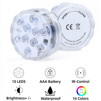 10 LED Υποβρύχιο Φως με Τηλεχειριστήριο Υποβρύχιο Φωτιστικό Νυχτερινής μπαταρίας για Βάζο Πισίνας Διακόσμηση Γάμου Γάμου