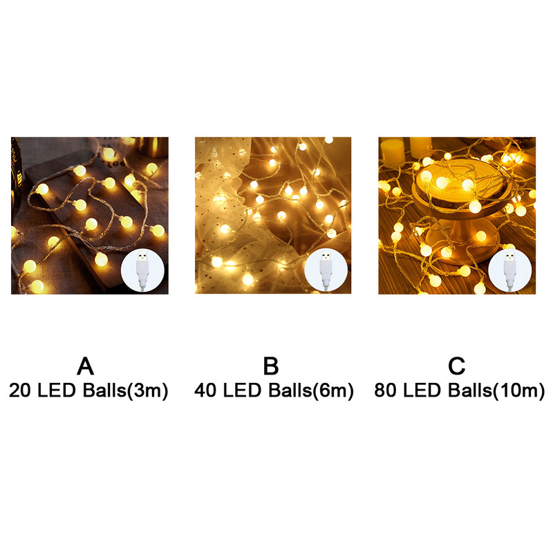 Kempingparti dekoráció LED-es fényfüzér tündér terasz meleg fehér esküvői vízálló hálószoba kert romantikus USB tápellátású kristálygömb
