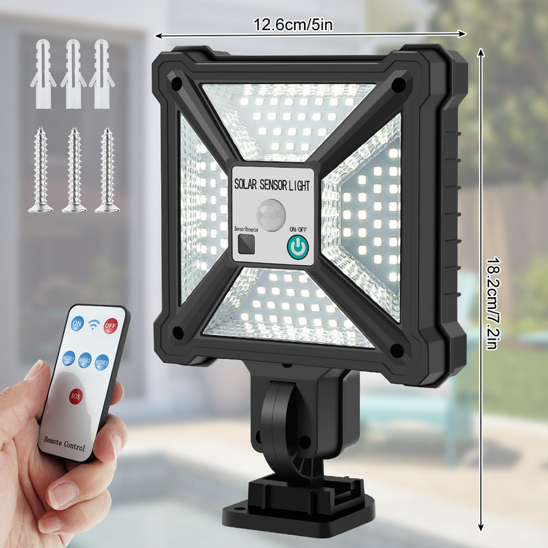 Bezvadu PIR kustības sensora saules sienas apgaismojums 88 LED IP65 ūdensizturīgs īpaši spilgts saules drošības apgaismojums ar tālvadības pulti dārzs
