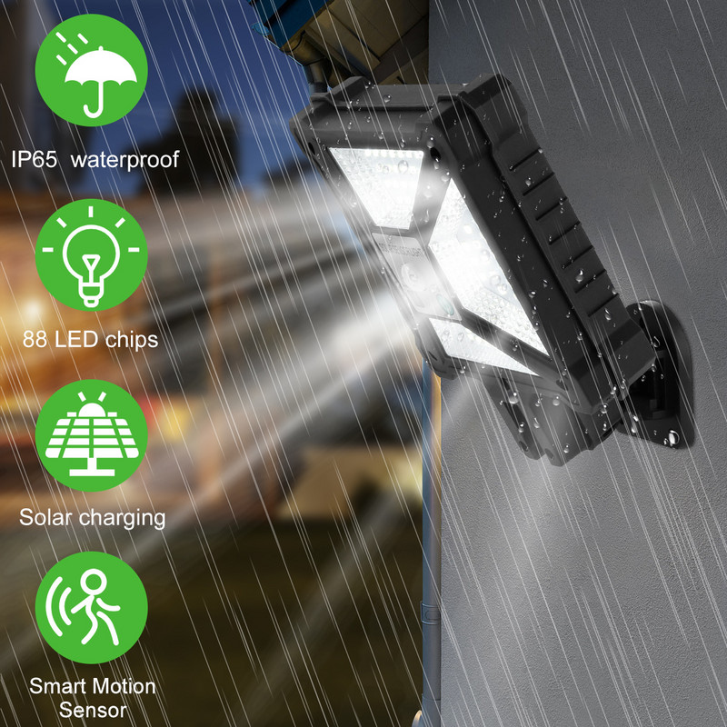 Bezvadu PIR kustības sensora saules sienas apgaismojums 88 LED IP65 ūdensizturīgs īpaši spilgts saules drošības apgaismojums ar tālvadības pulti dārzs