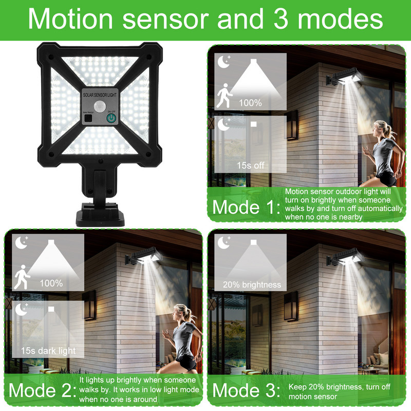 Bezvadu PIR kustības sensora saules sienas apgaismojums 88 LED IP65 ūdensizturīgs īpaši spilgts saules drošības apgaismojums ar tālvadības pulti dārzs