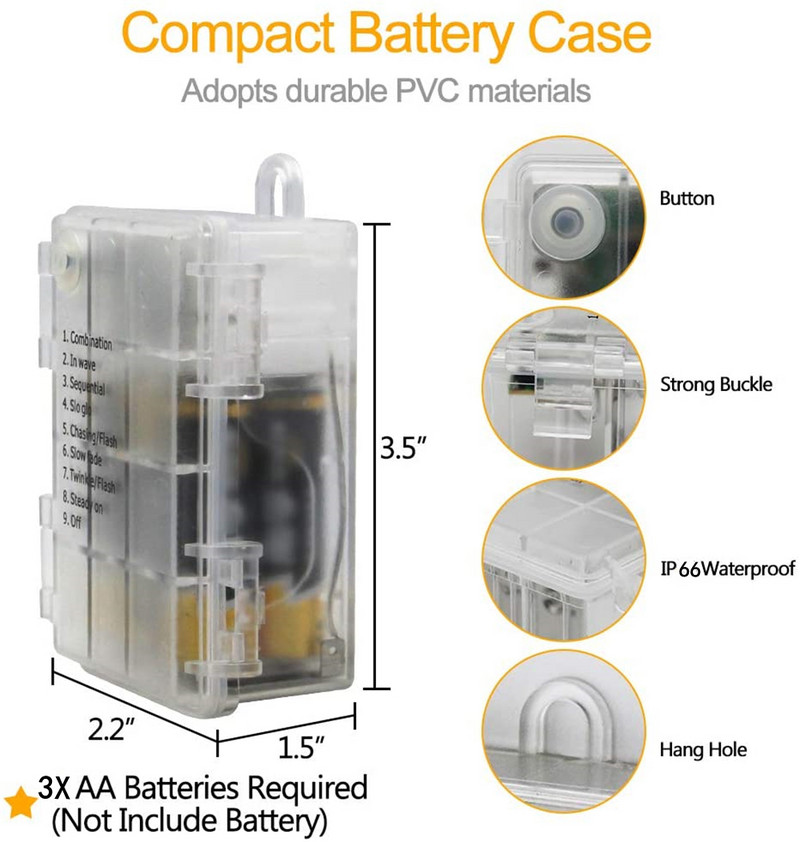 LED Fairy Lights Elemes távirányító Vízálló utcai füzér villogó szentjánosbogár fényfüzér kültéri karácsonyi dekoráció