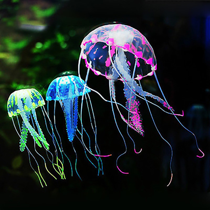 3 vnt fluorescencinės dirbtinės medūzos, skirtos akvariumų rezervuaro dekoravimui Šviečiančios silikoninės medūzos povandeninio baseino priedai