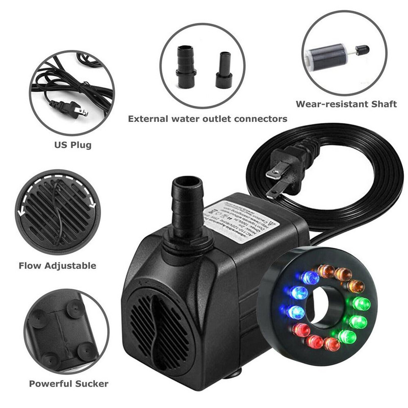 Panardinamas vandens siurblys su 12 LED 15 W lempučių triukšmo mažinimo akvariumo fontano baseino tvenkinio rezervuaru
