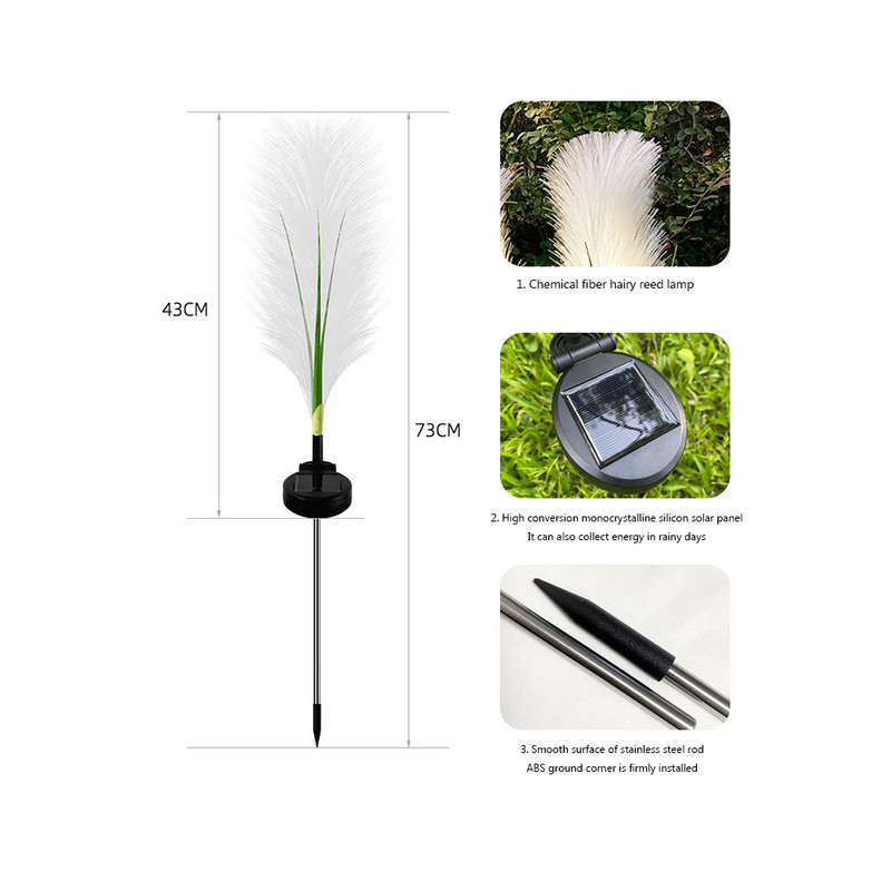 2gab Saules zāliena atmosfēras gaisma Vienkārša uzstādīšana Fragmīti Dekoratīvās celiņa ainavas gaismas Iebūvētais akumulators pagalmam