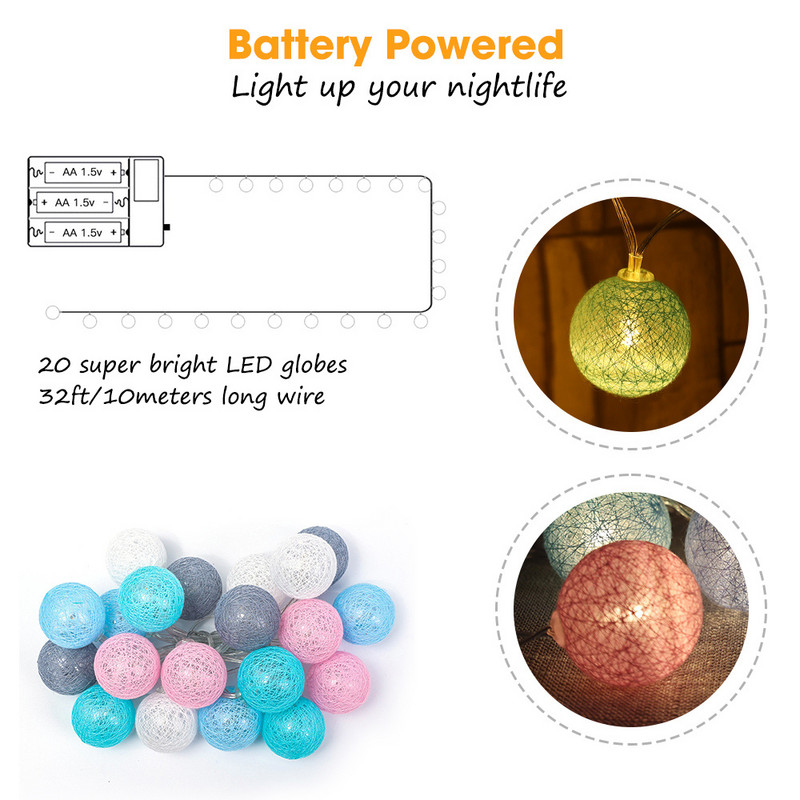 20LED medvilniniai rutuliniai šviestuvai 2,2M girliandos stygos, skirtos namų vaikų miegamojo lauko sodo vakarėlio dekoravimui šventinis apšvietimas