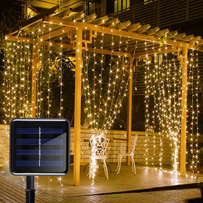 3Mx3M соларна LED завеса Струнни светлини Гирлянда Коледни светлини Сватбена приказна светлина Парти Двор Декорация на градина Празнично осветление