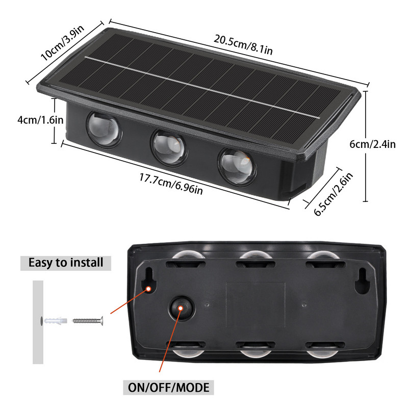Sieninis saulės šviestuvas IP65 Atsparus vandeniui Didelio ryškumo aukštyn ir žemyn Saulės lauko šviesos LED lemputė Namų sodo lauko sieninis šviestuvas