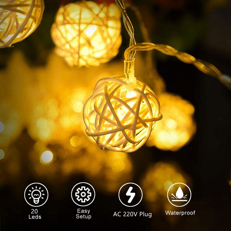 LED Fairy Lights Thai kézzel készített Takraw golyós rattan lámpa AC220V EU dugó meleg fehér 5M 20LEDS húr esküvői bulira karácsony