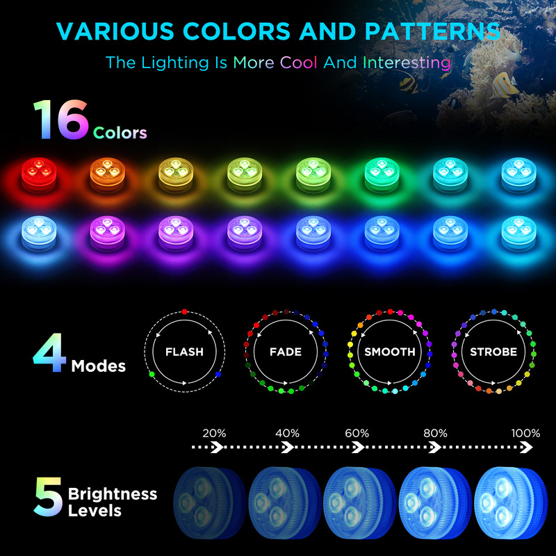 5 LED-es merülőlámpa távirányítóval IP68, vízálló elemmel működő víz alatti RGB éjszakai lámpa medenceparti dekorációhoz