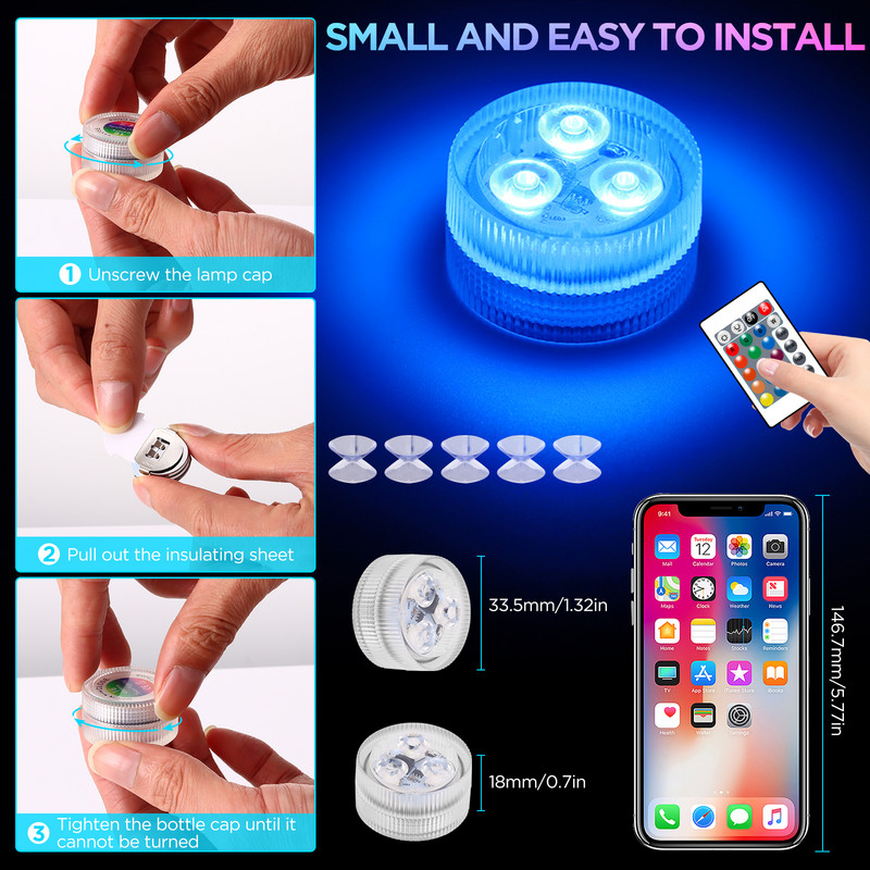 5 LED-es merülőlámpa távirányítóval IP68, vízálló elemmel működő víz alatti RGB éjszakai lámpa medenceparti dekorációhoz