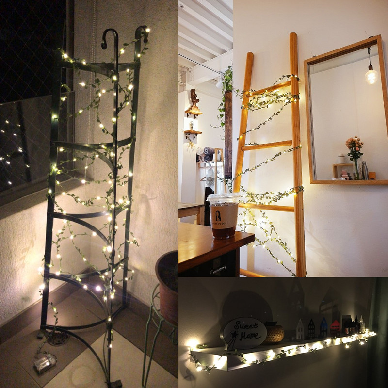 Lapų girlianda „Fairy Light“ šventinė lempa, maitinama varine viela, žalia lapų stygos lemputės Kalėdų vakarėlio vestuvių dekoravimui