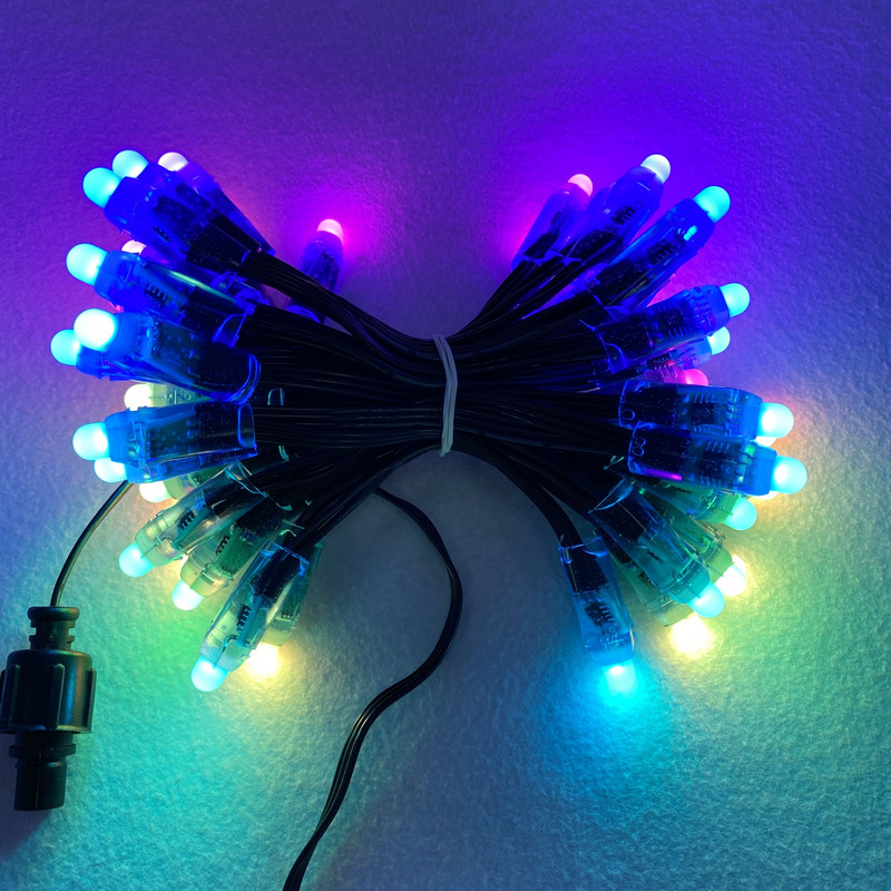 50 gab./komplektā lodes tipa DC5V adresējams 12mm WS2811 RGB LED viedais pikseļu mezgls; viss BLACK 18AWG vads, IP68