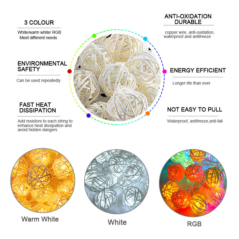 20/40 rotango rutuliai LED styginiai žibintai Baterija girlianda medvilniniai rutuliukai šviesos grandinės Guirlande Lumineuse šventiniai kalėdiniai šviestuvai