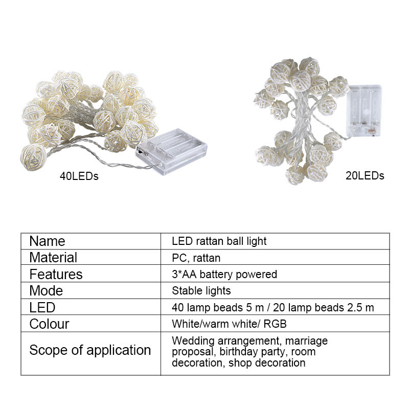 20/40 rotango rutuliai LED styginiai žibintai Baterija girlianda medvilniniai rutuliukai šviesos grandinės Guirlande Lumineuse šventiniai kalėdiniai šviestuvai