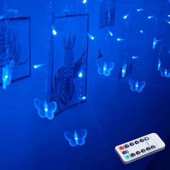 Синя пеперуда LED завеса Icicle Lights LED празнична връв Фея Светлини Новогодишен гирлянд Сватбена украса 3,5 м 96 крушки