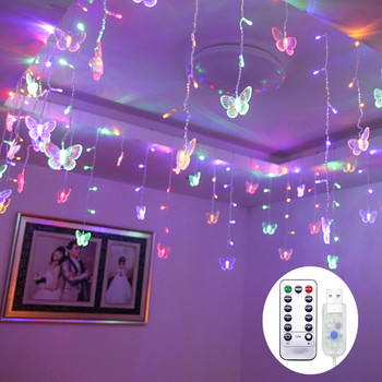 Синя пеперуда LED завеса Icicle Lights LED празнична връв Фея Светлини Новогодишен гирлянд Сватбена украса 3,5 м 96 крушки