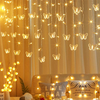 Kék pillangó LED függöny jégcsap lámpák LED ünnepi füzér tündér fények újévi koszorú esküvői parti dekoráció 3,5 m 96 izzó