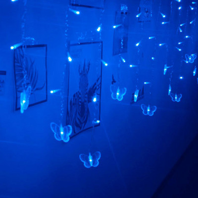 Kék pillangó LED függöny jégcsap lámpák LED ünnepi füzér tündér fények újévi koszorú esküvői parti dekoráció 3,5 m 96 izzó