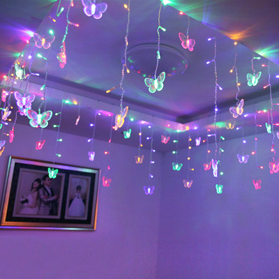 Kék pillangó LED függöny jégcsap lámpák LED ünnepi füzér tündér fények újévi koszorú esküvői parti dekoráció 3,5 m 96 izzó