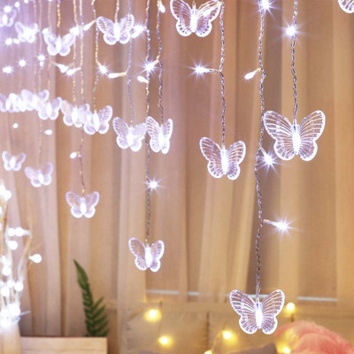Kék pillangó LED függöny jégcsap lámpák LED ünnepi füzér tündér fények újévi koszorú esküvői parti dekoráció 3,5 m 96 izzó