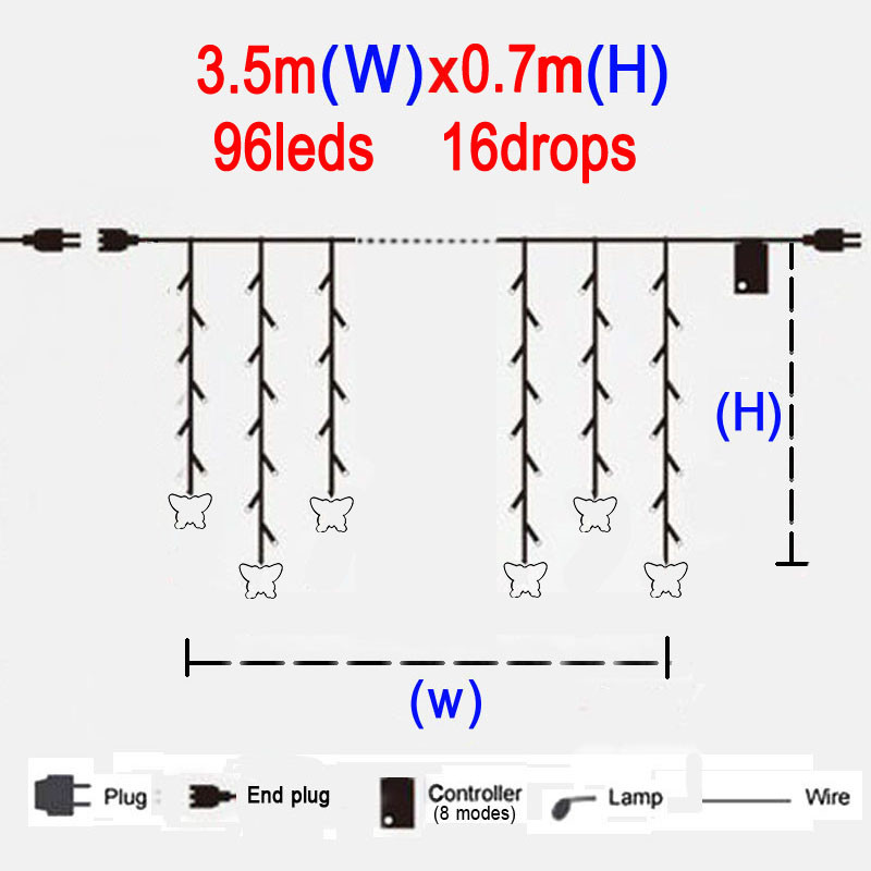 Kék pillangó LED függöny jégcsap lámpák LED ünnepi füzér tündér fények újévi koszorú esküvői parti dekoráció 3,5 m 96 izzó