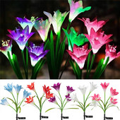 RGB krāsu 4 galvas, lilijas ziedu LED saules gaismas āra apdare pagalma dārza zāliena gaisma 600 AMH saules enerģijas pagalma ceļa lampa