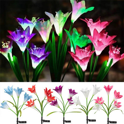 RGB krāsu 4 galvas, lilijas ziedu LED saules gaismas āra apdare pagalma dārza zāliena gaisma 600 AMH saules enerģijas pagalma ceļa lampa
