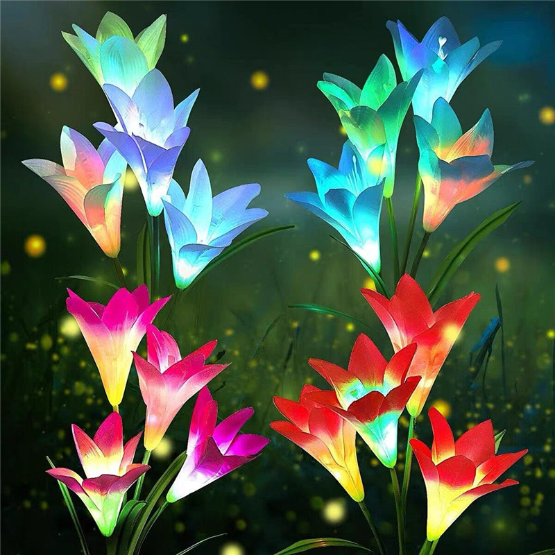 RGB krāsu 4 galvas, lilijas ziedu LED saules gaismas āra apdare pagalma dārza zāliena gaisma 600 AMH saules enerģijas pagalma ceļa lampa